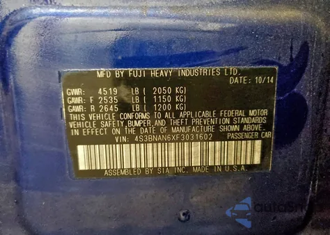 2015 Subaru Legacy 2.5I Limited from USA, damaged, VIN 4S3BNAN6XF3031602